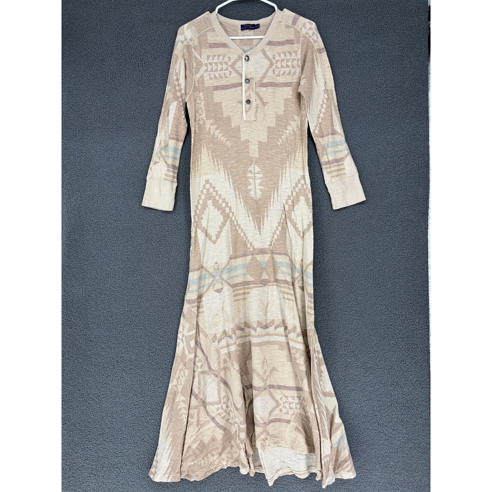 Polo Ralph Lauren Southwestern Waffle Knit Henley Maxi Dress Tan XL